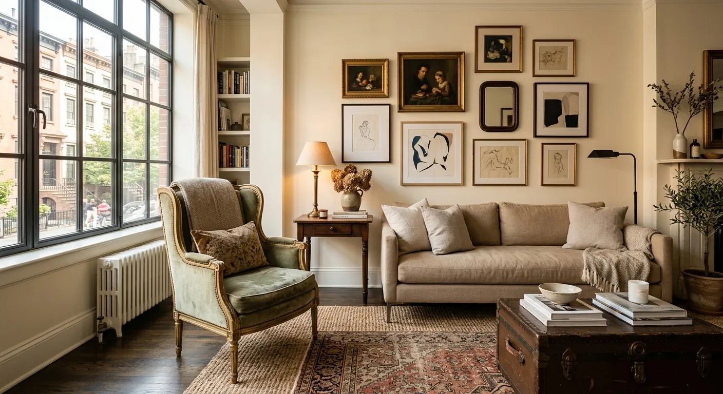 Curated Manhattan apartment interior with antique armchair in velvet beside a contemporary linen sofa, afternoon light through tall windows