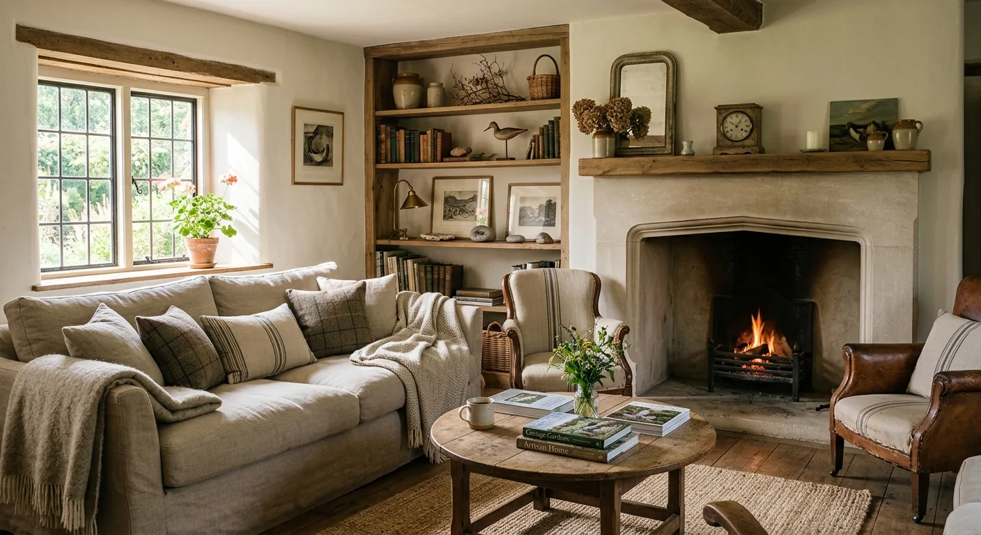 Inviting country cottage living room with deep linen sofa, woven sisal rug, honed stone fireplace and warm afternoon light