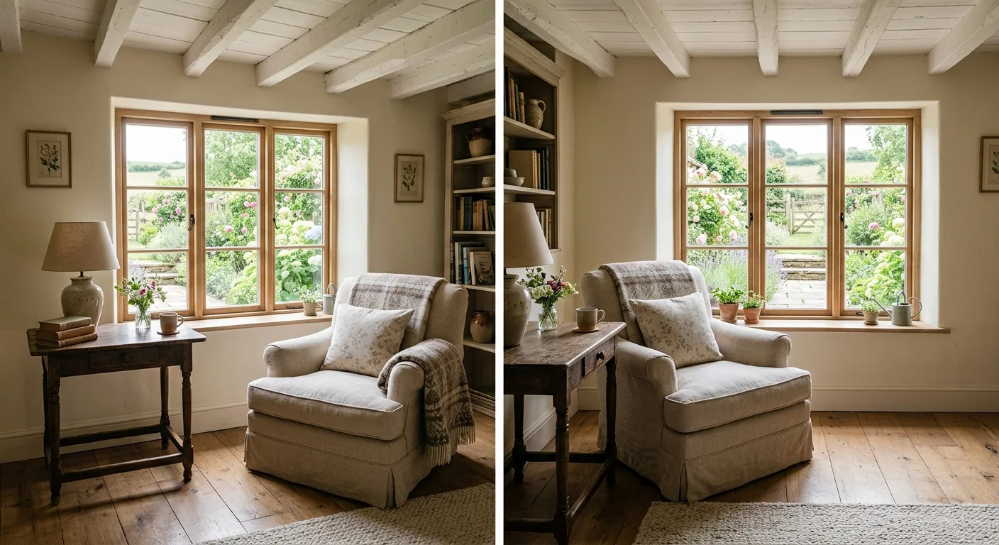 Weekend retreat interior with wide-plank floors, painted wood beams, comfortable armchair overlooking a garden through a window